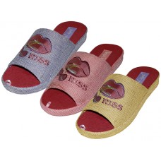 W7480-A - Wholesale Women's Satin Lip Kiss Cherry Embroidery Upper Open Toe House Slippers (*Asst. Purple, Pink And Yellow)